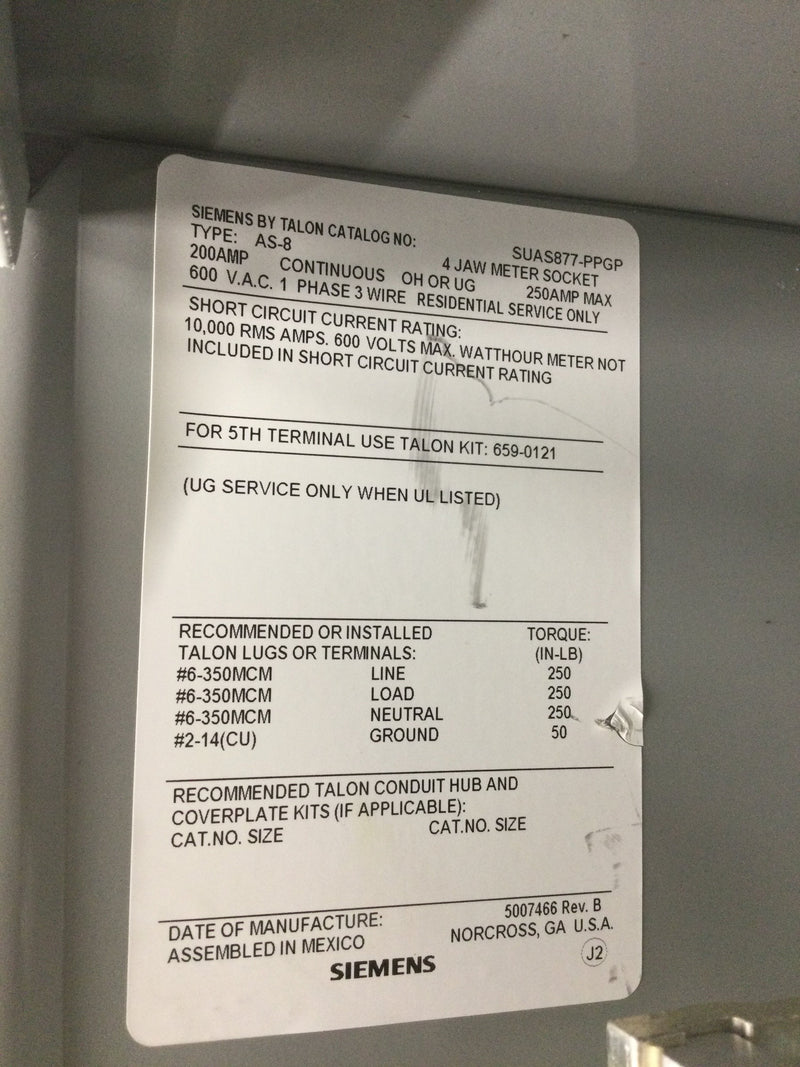 Siemens SUAS877-PPGP; 200 Amp, 1 Phase, 3 Wire Ringless Type Meter Socket Continuous Duty Nema-3r