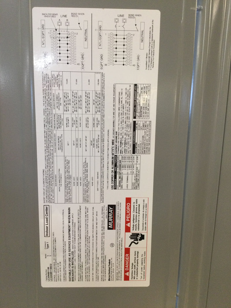 Siemens/Murray Lc2040b1100p 100a Main Breaker Enclosure; Single Phase; Indoor With Breakers