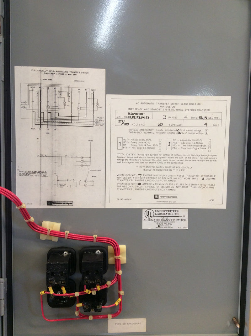 Telemecanique Class 8204 Electrically Held ATS B204D481-P1,P2,P3,P4,E3 3Ph 4 Wire Nema3R Enclosure